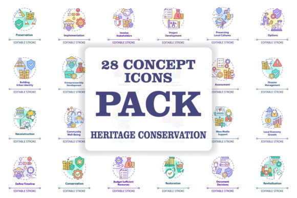 Heritage Conservation Concept Icons Set: A Design Asset for Cultural Projects